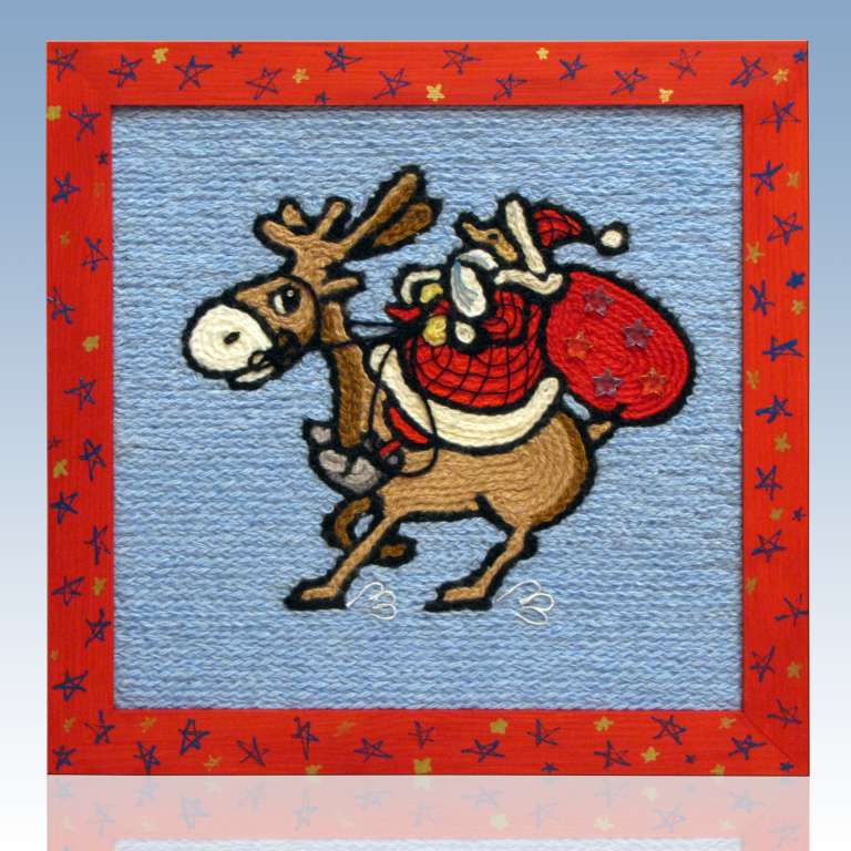 Картина вязанная из пряжи Дед Мороз на олене