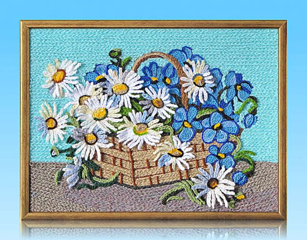 Картина вязанная из пряжи Букет цветов фиалки и ромашки в корзине