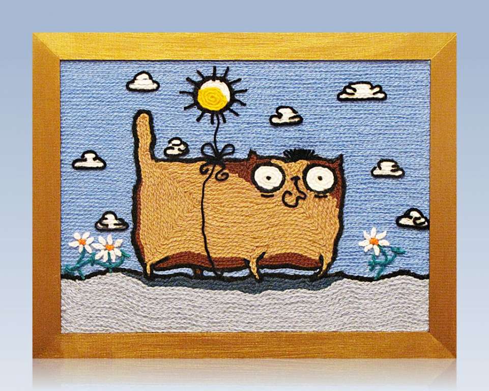 Картина вязанная из пряжи Кот на солнышке