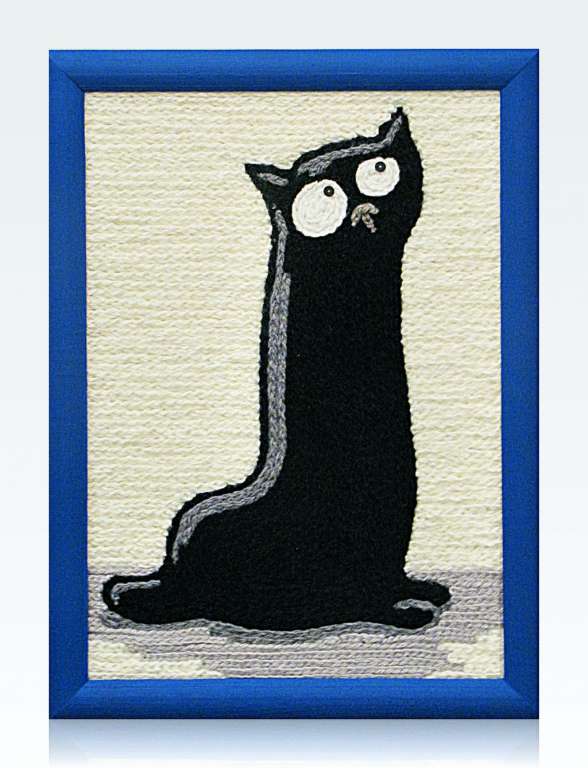 Картина вязанная из пряжи Черный кот